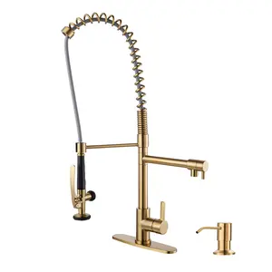 WOWOW Commercial Single-Handle High-Arc Pull Down Sprayer Kitchen Faucet with Soap Dispenser for Restaurant in Brushed Gold