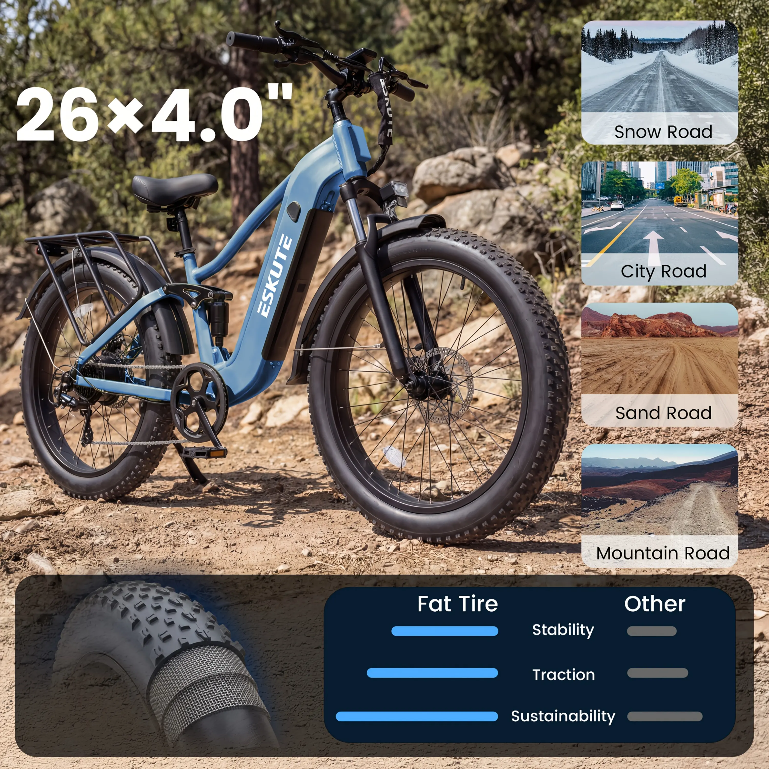 ESKUTE C300R-SO Electric Bike for Adults, 26x4.0 Tire City Run Ebike, 48V 20.8Ah Removable Battery, Up to 80 Miles, 749W Motor, 8-Speed, Full Suspensions Mountain Ebike, with Rear Seat, Maximum Load 500 Lbs, Includes Lock &Phone Bag