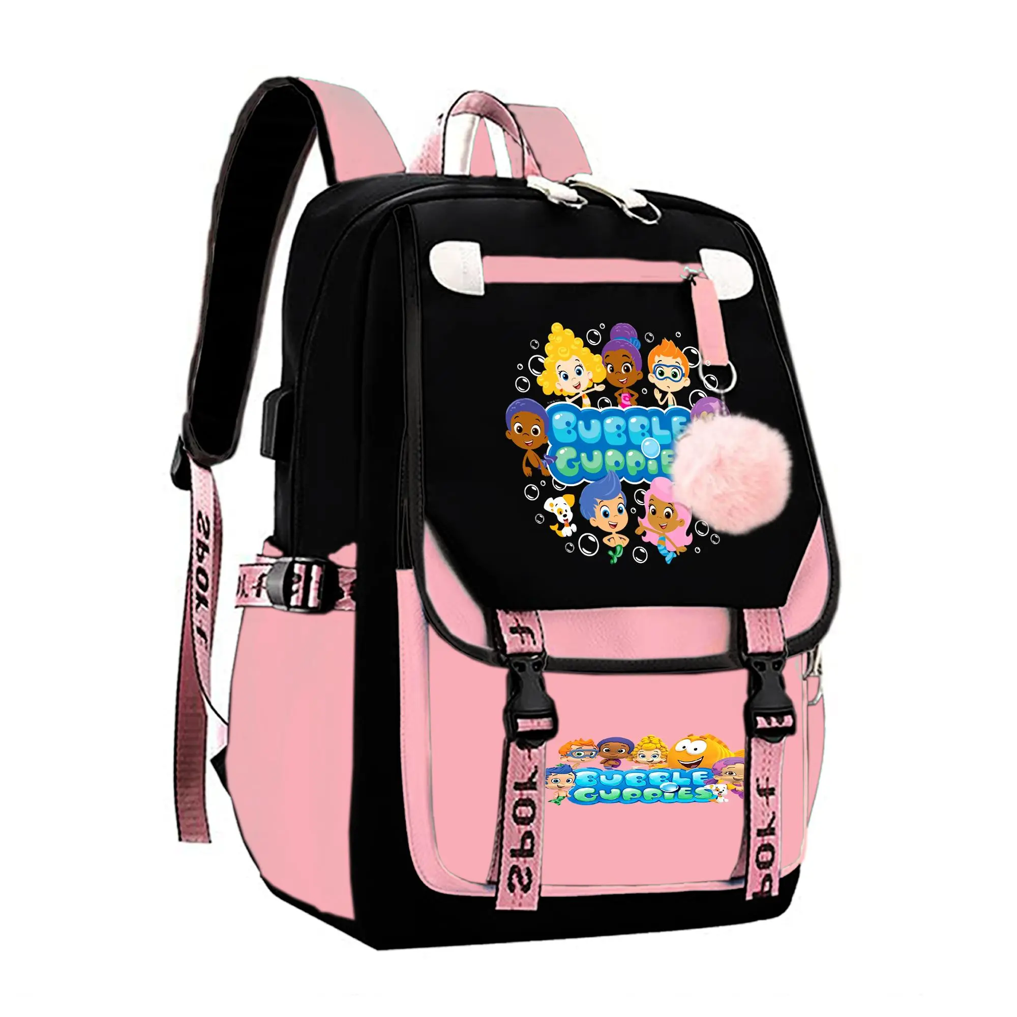 Bubble Guppies Graphic Backpack for Girls, Y2K Pink and Black School Bookbag with Keychain, Waterproof Travel Laptop Bag for Teens College d-3
