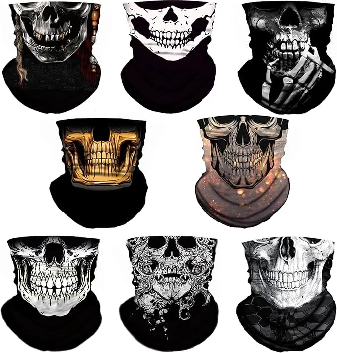 8 Pack Neck Gaiter Skull Motorcycle Face Mask for Men Women Face Cover Mask Head Wrap Balaclava Headwear