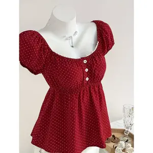 Ladies' comfortable square neck polka dot printed short sleeved shirt, fashionable for Thanksgiving and Christmas, office wear, elegant retroRAIMENTRY