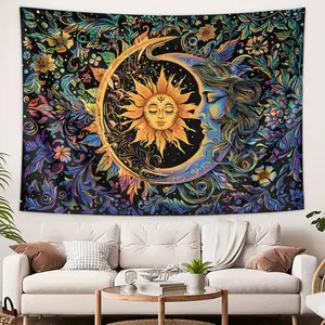 Sun & Moon Pattern Tapestry, 1 Count Boho Style Wall Hanging Tapestry with Free Installation Accessories, Wall Art Decor for Home Living Room Bedroom, Flower, Boho Floral Design