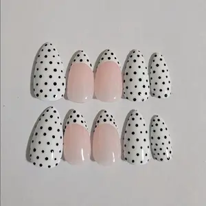 Polka Dot Nail Art Durable Stylish High Quality Application Packet Almond Shaped Trending Black and White Pink French Tip