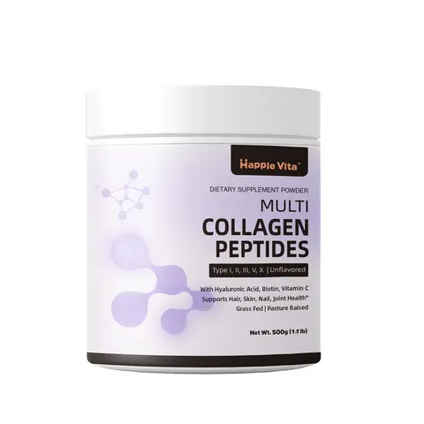 HAPPIEVITA Multi Collagen Peptides Powder - Type 1,2,3,5,X Hydrolyzed Collagen Protein with Biotin, Hyaluronic Acid, Vitamin C - Beauty Skin Care Supplement for Hair Skin Nails, Joint Support - Unflavored, 1.1 lbs, Hyaluronic Acid Protein Collagen Supplem