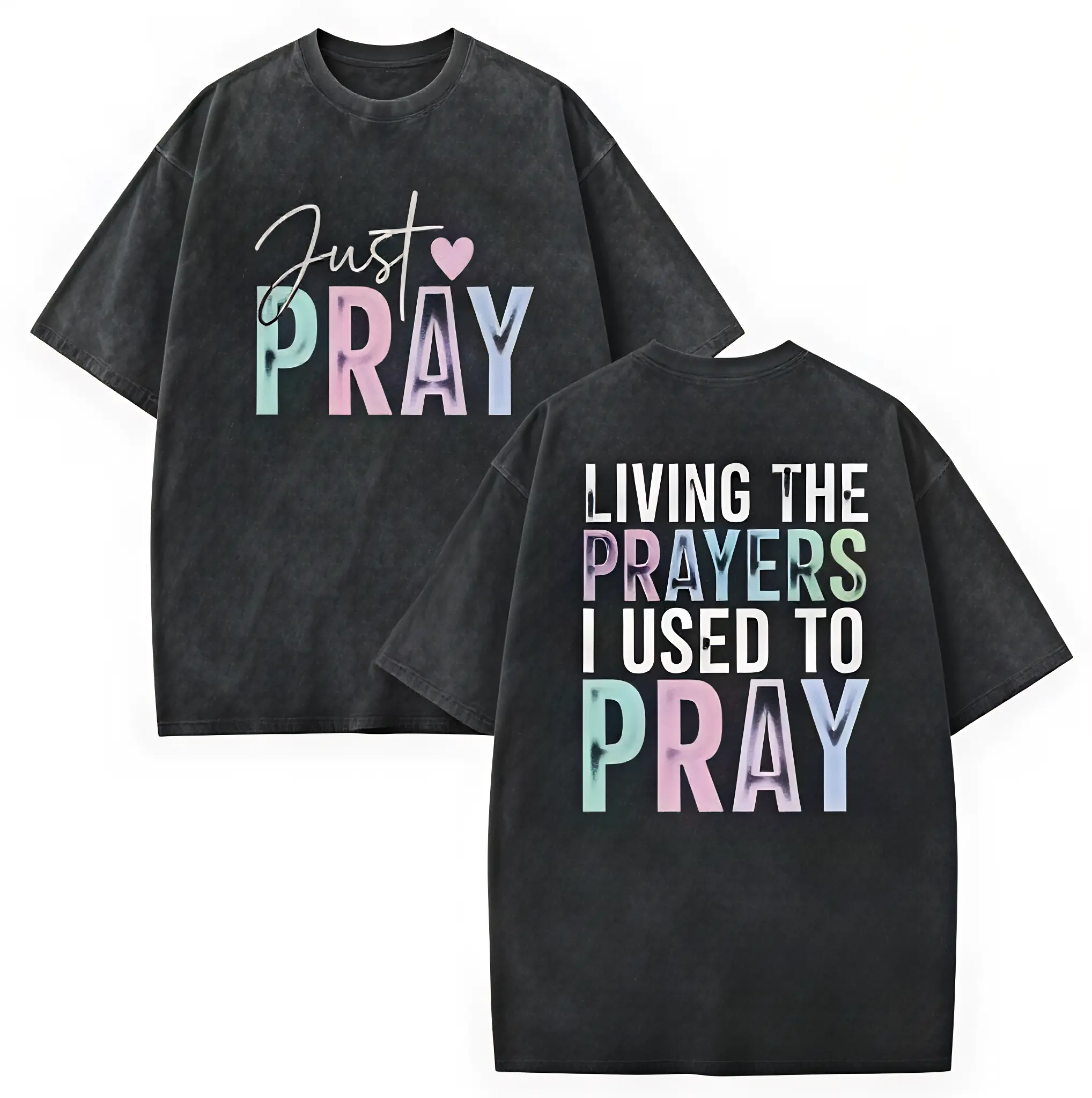 Just Pray Christian Graphic Tee Living The Prayers I Used To Pray T-Shirt Premium Cotton Crewneck Short Sleeve Men Women Casual Tops Liquid Chrome Aesthetic Text Print Mineral Wash Oversized Streetwear Shirt Pastels Heart Tee Plus Size Heavyweight