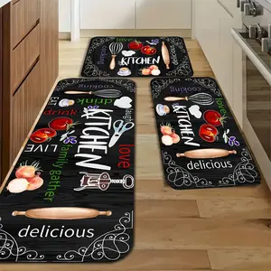 3pcs Chalkboard Style Kitchen Mat Set, Black Wood Grain with Colorful Kitchen Utensil & Phrase Print, Non-Slip Backing. Absorbs Dirt & Moisture, Easy to Clean. Perfect for Farmhouse & Rustic Kitchen Decor