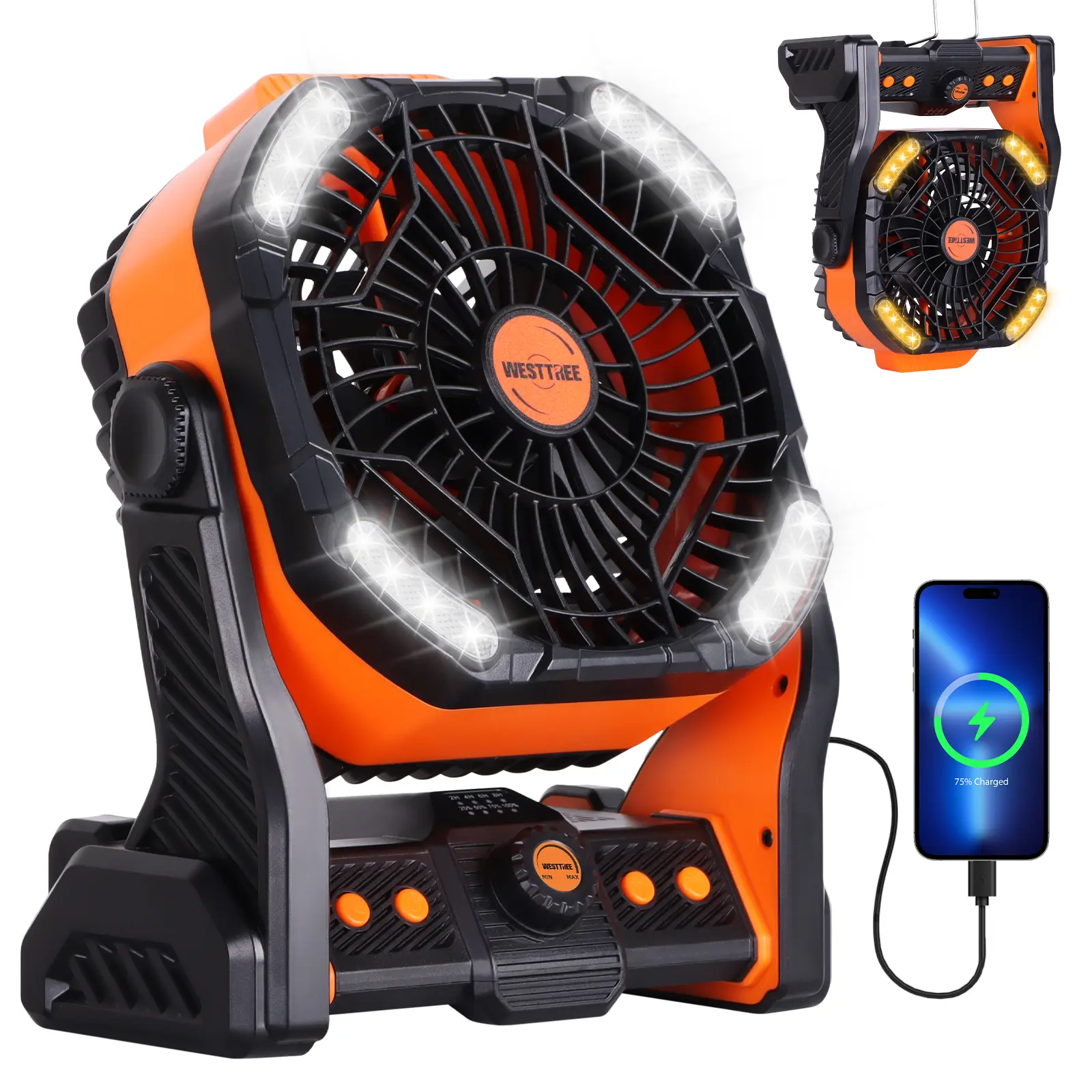 WESTTREE 3-in-1 Rechargeable 20000mAh Type-C Compact Portable Hanging Personal Cooling Fan with LED Lights, 270° Rotatable Hook, Ideal for Camping, Travel, Emergency Power Outage