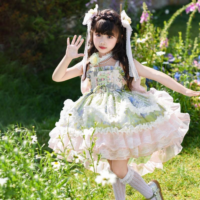 Girls' Princess Ditsy Floral Frilled Dress - Sleeveless, Fluffy Ruffles, Butterfly Accents, Breathable Tutu, Above-Knee Little Girl Dress for 3-4 Years Birthday Ready Occasions