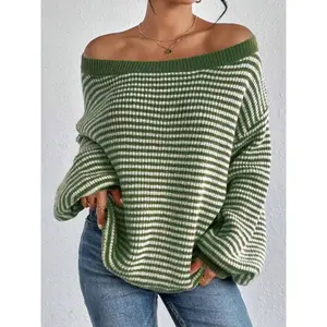 Women’s striped print off-shoulder sweater, autumn–winter casual long-sleeve boat-neck sweater, fashionable women’s knit everyday essential, gift GARMENTARY
