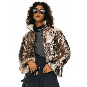 Orolay  Women's Ultra Short Shiny Sequin Down Coat,Petite Puffer Jacket with Stand Collar and Ruffle Sleeves for Evening and Parties Womenswear