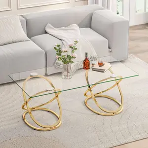 Modern glass side table with two tiers, ring-shaped frames, chrome finish, and gray tempered glass; round coffee table; bedside table for living room, bedroom, and office