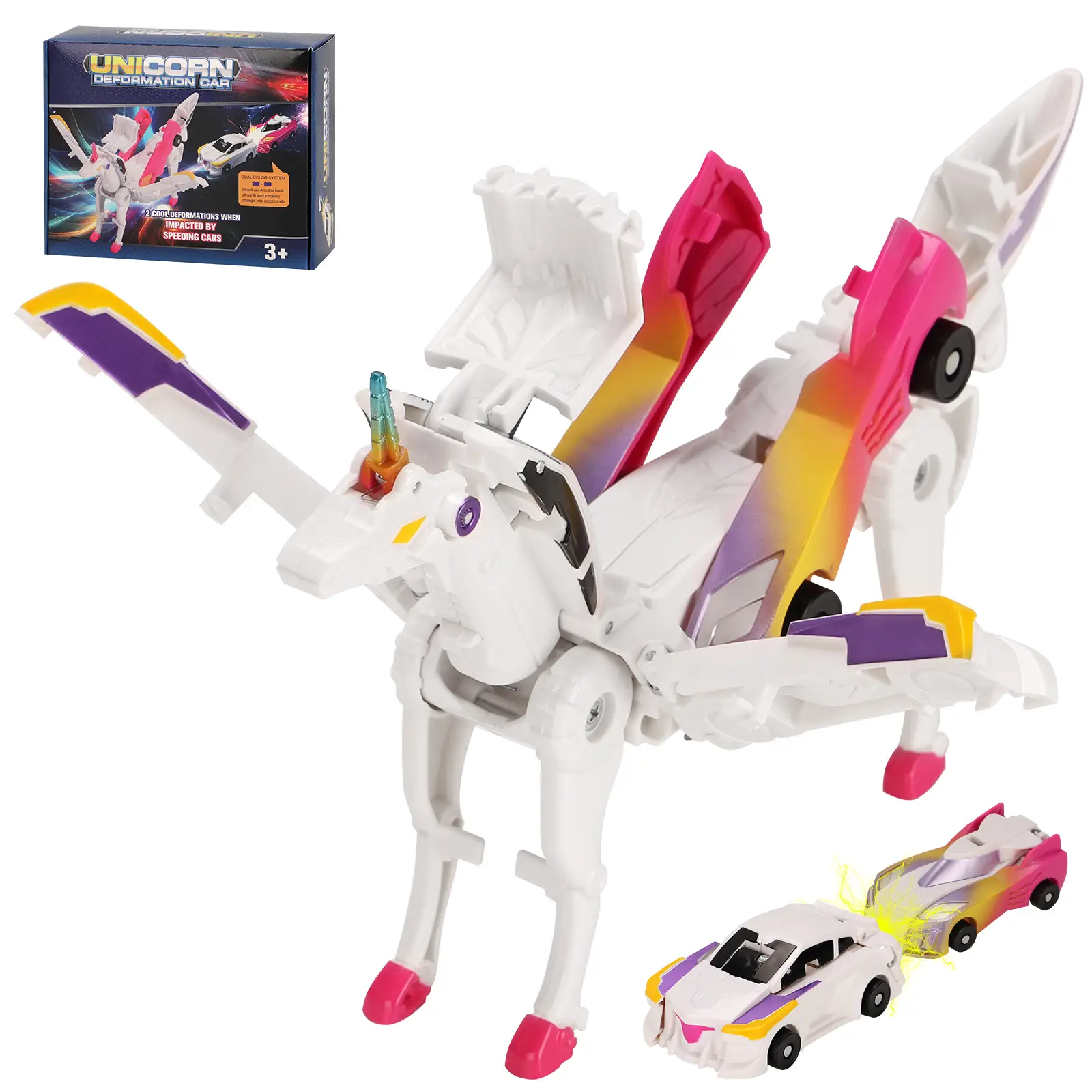 Transform car toys into magical flying dinosaur and unicorns!2Pcs Transforming Car-Robot for Kids, Automatic Deformation of Magnetic Connections. cars