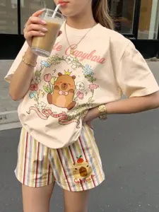 Summer 2-Piece Set Cute Capybara Print Teen Girls Clothes Casual Minimal Soft Short Sleeve Top Shorts Set, Vintage Street Style, Comfortable Fashion