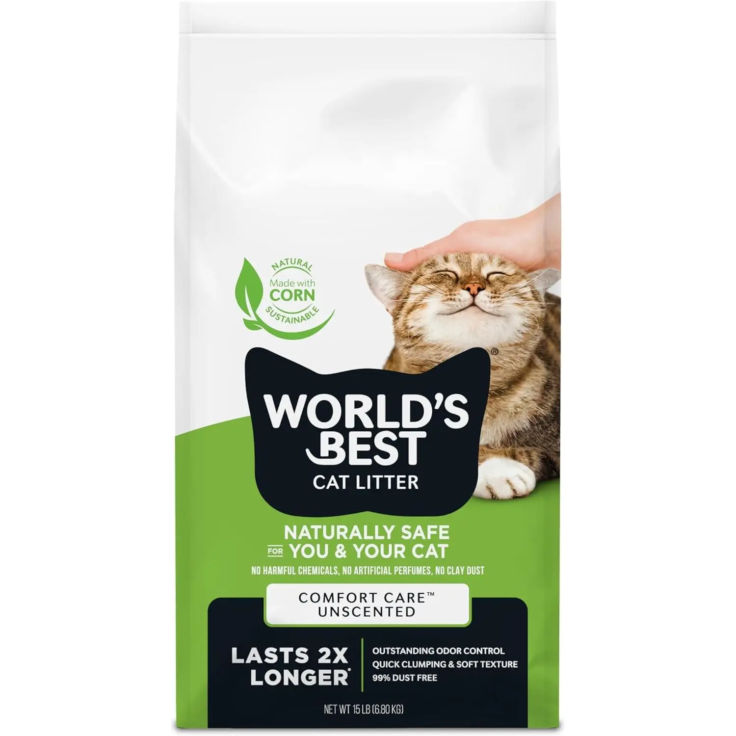 World's Best Cat Litter, Comfort Care, Unscented, Odor Control, 15 lb Bag | Gentle odor control for sensitive cats and lasts 2x longer; natural corn litter, quick clumping, flushable, 99% dust free