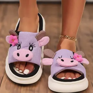 Cute Flower Cow Linen Slippers,Plush Slippers,Non-Slip Anti-Odor Outer Wear Thick Bottom Cool Slippers Indoor Wearing,Suitable for Footwear Flipflop slippers women 90s vintage men clothing barbie black Walking Shoes Slide White Girl