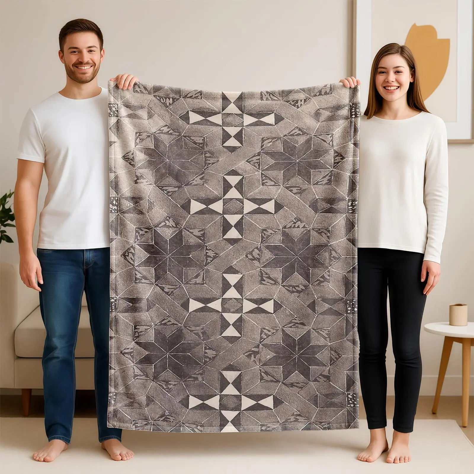 1 piece Traditional geometric texture mosaic design themed flannel blanket - Super soft flannel blanket in modern style, suitable for sofas and beds, all-season multi-purpose use, digital print design, 100% polyester material, durable and machine