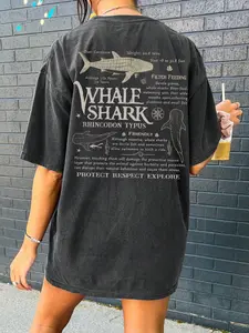 Comfortable and loose whale shark Animal Print Graphic printed Fitted T-shirt - Ocean environmental protection themed shirt, with double prints on the front and back for marine life popularization, an eco-friendly daily casual top