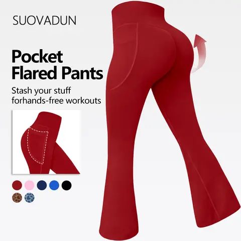 SUOVADUN Women High Waist Flared Leggings With Side Pockets, Viral Scrunch Butt Lifting Bootcut Leggings, Ultra Soft Stretchy Compression Workout Pants, Slim Fit Gym Activewear For Pilates Running And Daily Casual Outfits