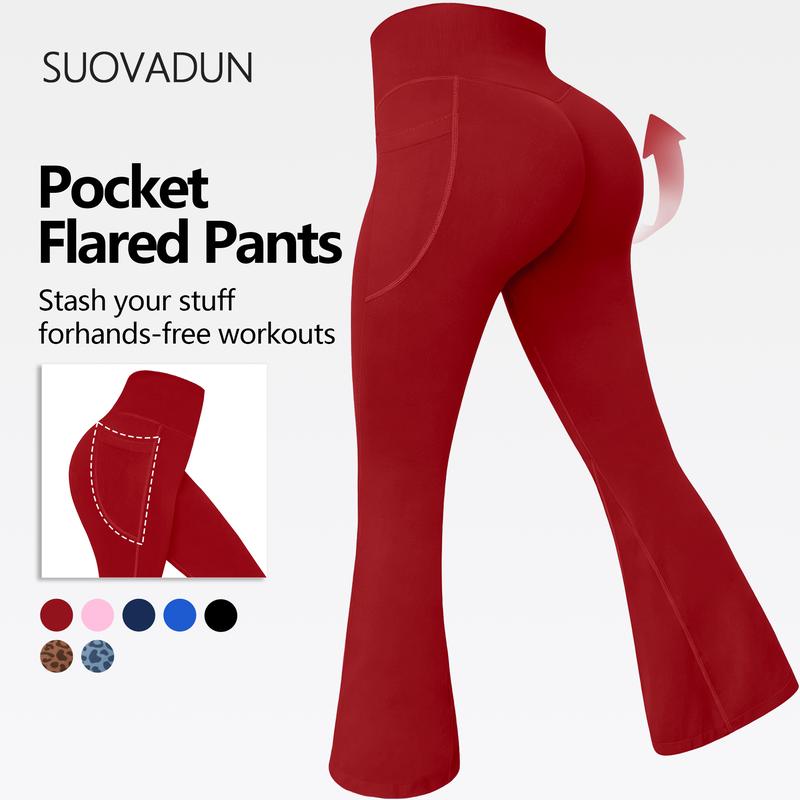 SUOVADUN Women High Waist Flared Leggings With Side Pockets, Viral Scrunch Butt Lifting Bootcut Leggings, Ultra Soft Stretchy Compression Workout Pants, Slim Fit Gym Activewear For Pilates Running And Daily Casual Outfits