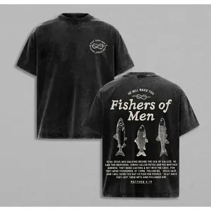 Fishers of Men Matthew 4:19 Jesus T-Shirt, 230g 100% Cotton Washed Oversized Tee, Bible Verse Religious Apparel, Inspirational Christian Gift for Valentine