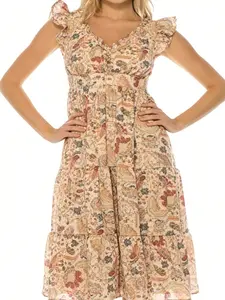 1950s-Inspired Floral Print Midi Dress | Puff Sleeve V-Neck Tiered Flare Dress