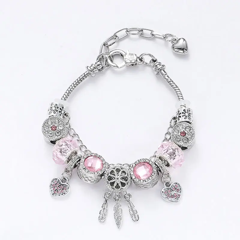 Womens Cute Pink Fashion Beaded Bracelet, Personalized Adjustable Heart Charm Bracelet, Gift Bracelet Jewelry for Women and Girls