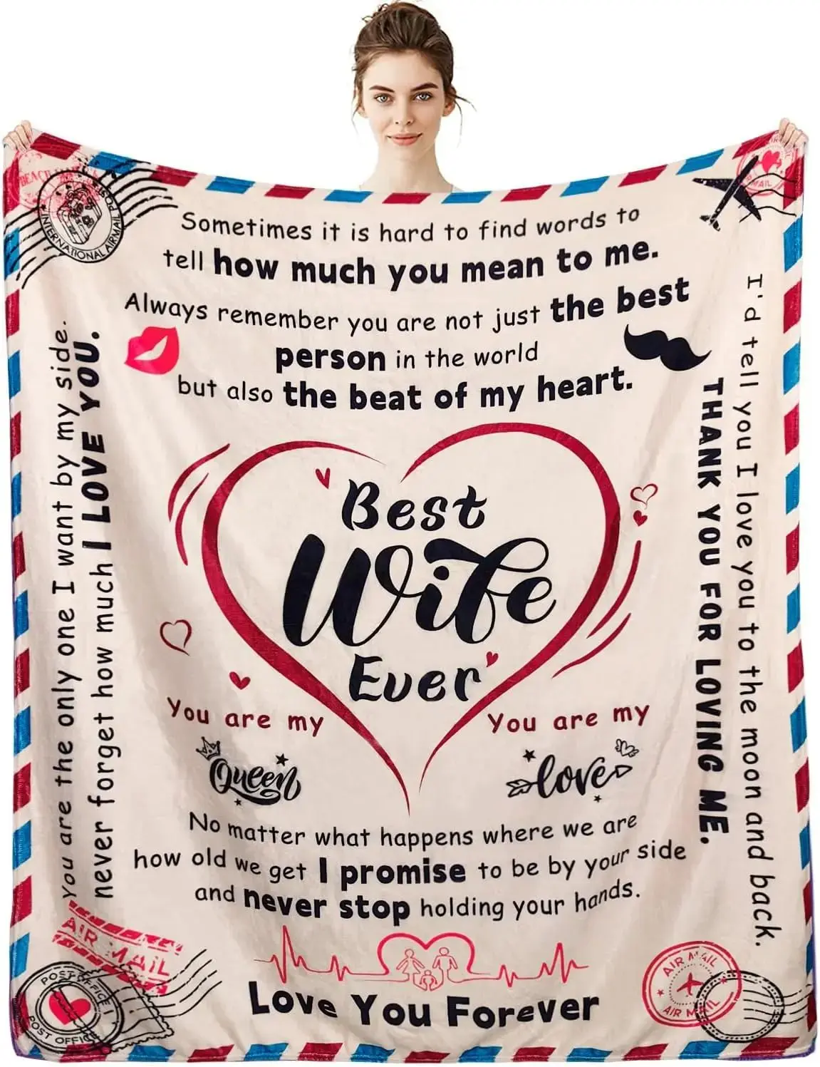 Best Wife Ever Airmail Letter Flannel Throw Blanket Romantic Sentimental Anniversary Birthday Valentines Gift for Wife From Husband