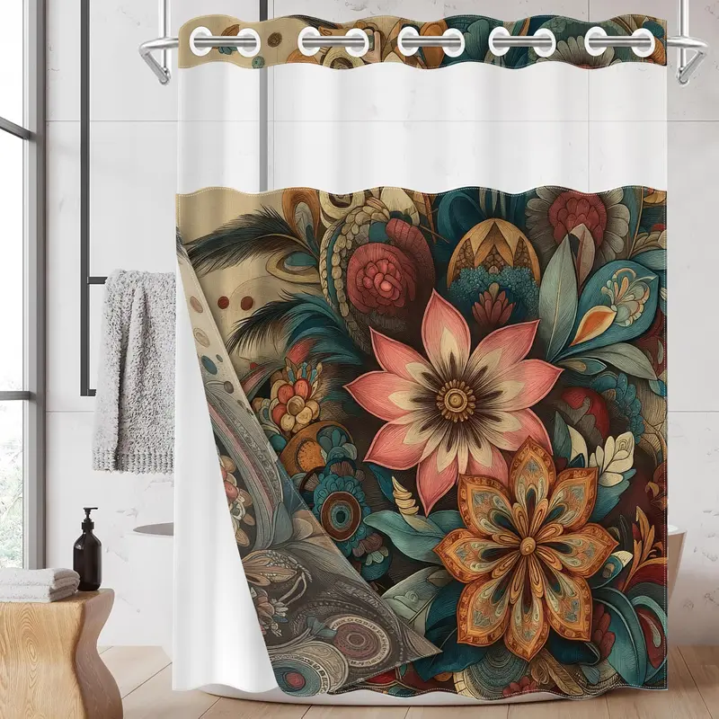 1pc 2D Flat Printing hookless shower curtain liner, Printed Aesthetic Shower Curtain, Retro-style Floral Pattern Fabric waterproof shower curtain with transparent window, double-layer shower curtain, 71 x 74 inches Polyester Shower Curtain