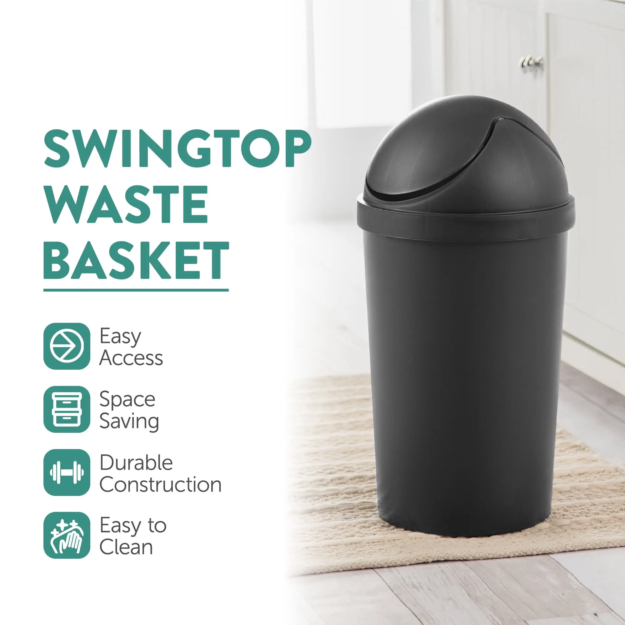 3gal Plastic Round Trash Bin - Black Compact Hands-Free Swing-Top Lid Single Unit Waste Basket for Bathroom, Bedroom (Home & Bathroom Supplies), Round Shape