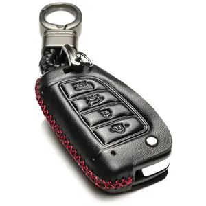 Vitodeco Genuine Leather Flip Key Fob Case Cover Compatible with Hyundai Accent, Kona, Santa Fe, Tucson, Venue, Sonata, Veloster (2018 - 2022 Models) - 4-Button