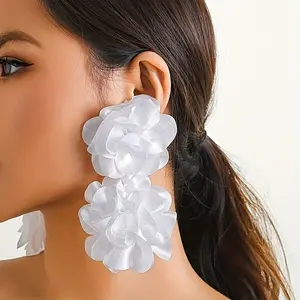 Exaggerated Double Fabric Flower Design Dangle Earrings Bohemian Vacation Style Delicate Holiday Ear Ornaments Dainty Fashion Jewelry Trendy Jewelry