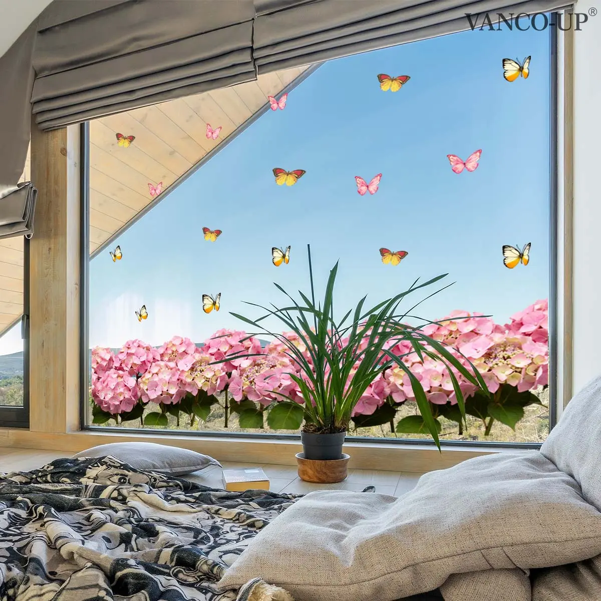 A set (30*90cm) of butterfly and large pink flower series window stickers, double-sided visible decorative window decals, can be used for home shop windows, glass doors, static stickers D20719