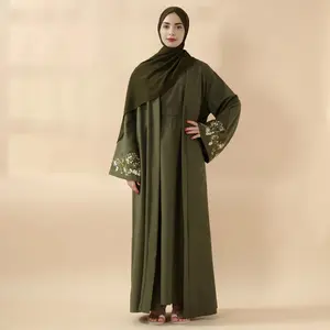Olive Branch Embroidered Linen Abaya Set | 4-Piece Handmade Design | Jasmine & abaya coats | Symbol of Peace & Resilience | Includes Open Abaya, Inner Dress, Hijab, Belt | Modest Fashion | Full-Length, Wide Sleeves | Perfect for Weddings elega