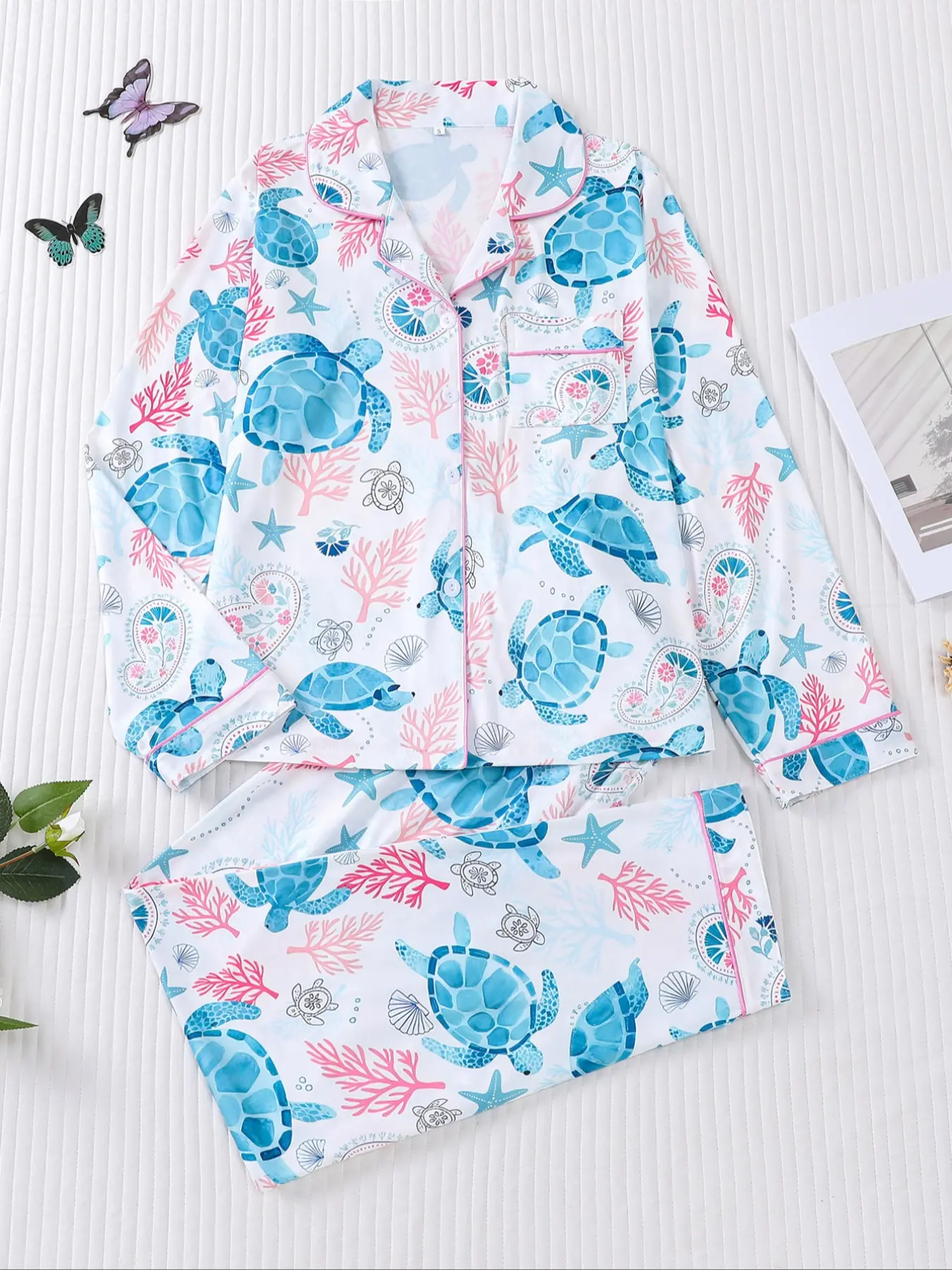Women's 2-Piece Sleepwear Set, Turtle Print, Casual Fitted Long Sleeve Shirt & Elastic Pants, Soft Comfortable Home Wear, Nightwear Lounge Set, Pajama Set, Pants Pj Set