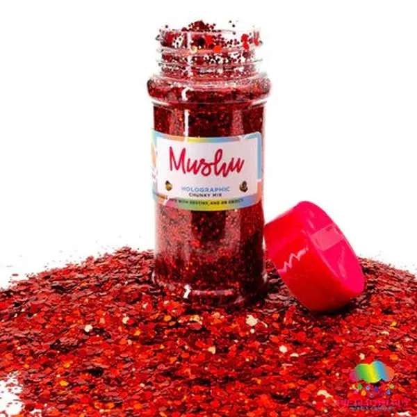 The Glitter Guy Mushu Glitter Buddy, Holographic Chunky Mix, UV-Resistant Polyester for Nail Art & Crafts, Vivid Red, 100mL Shaker, Diy Home Projects