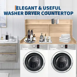 2-Tier Washer Dryer Countertop with 2.75" h Edge Rails, 54" x 27.55" 2-Tier Washer Dryer Topper with Edge Rails & Non-Slip Mat, Wood Countertop with Shelf for Laundry Room Organization