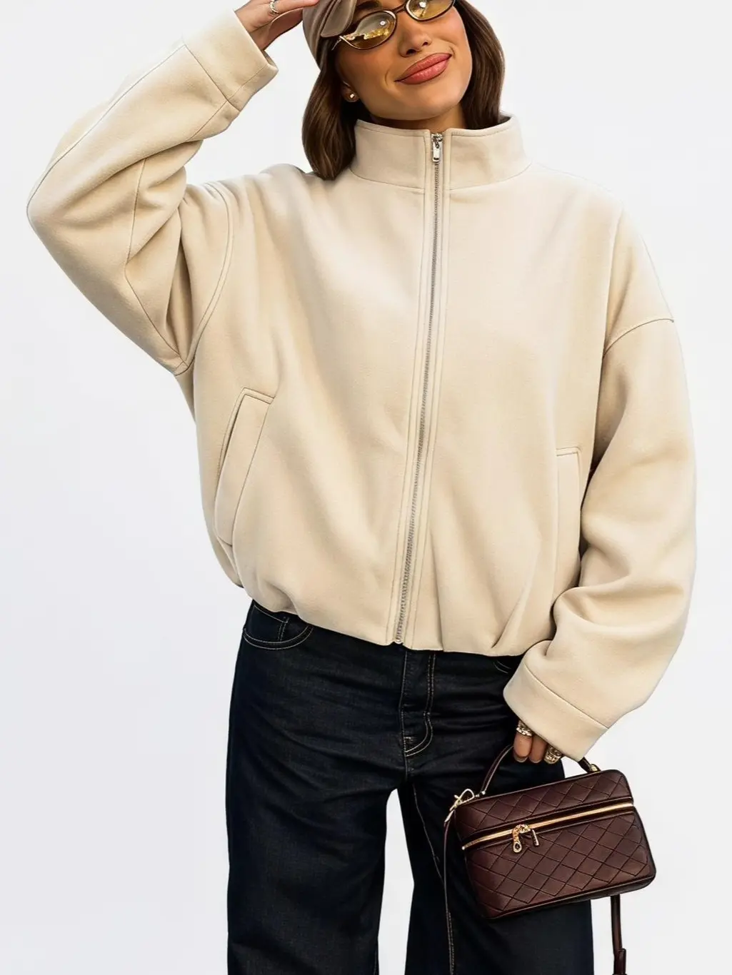 ZEAGOO Women's Minimalist Oversized Zip-Front Faux Wool Bomber Jacket Long Sleeve Loose Fit Smooth Solid Basic Outerwear with Zipper & Patch Pocket for Fall Winter Casual Wear