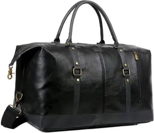FR Fashion Co. 20" Vegan Leather Duffel Bag with Vintage Brown Accents & Red Lining for Travel & Gym Use - Spacious Capacity & Adjustable Strap