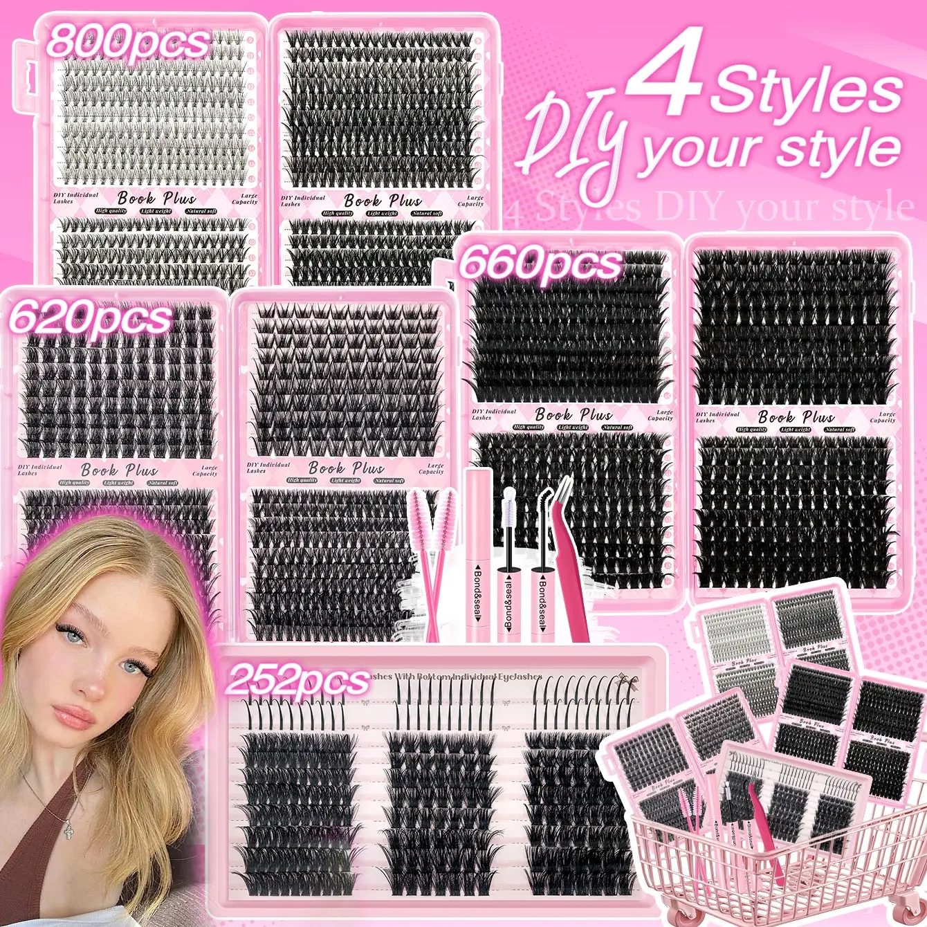 800/660/620/252pcs false eyelashes set, Diy Personal Lashes, Eyelash extensions, 20D+30D+40D+50D+60D natural set with glue, grafting tool, D curling mixed length 9-16mm, DIY at home, Use for Parties, Daily Wear, Mother's Day gift