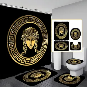 1/3/4PCS Gold Medusa Head Shower Curtain Set, 71x71 Inches, Includes Background Pattern, Comes with 12 Hooks, Bathroom Decor