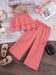 Two-piece Set Girl's Solid Crop Cami Top & Wide Leg Pants Set, Elegant Fashion Casual Sleeveless Top & Trousers for Daily Outdoor Wear, Baby Girl Clothes, Kids Clothing for Summer