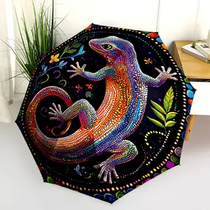 1 PC Automatic Folding Umbrella - Colorful Gecko Mandala Artwork Pattern, Portable & Foldable Design with 8 Ribs, Merry Christmas Pattern,Casual Outdoor Accessory Halloween and Christmas Birthday Gifts. C005