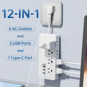 12 in 1 power socket with 8 AC sockets, 3 USB ports, and 1 Type-C interface, short wire design, surge protection and lightning protection, main switch design, standard American plug, suitable for office, home, and travel - black/white optional