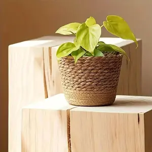 Handwoven Seagrass Planter Pot, Decorative Pot, Unique Texture Natural Grass Woven Plant Basket, Lightweight Indoor Home Decor, Casual Style Greenery Holder with Plaid Accessory