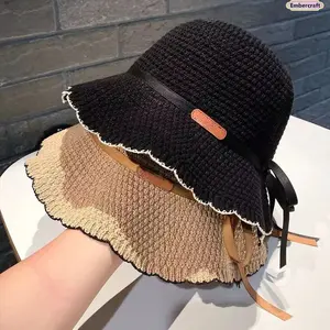 Women's Aesthetic Summer Knit Bucket Hat - Female Korean Look, Letter Patch, Breathable Crochet Sun Headwear, Foldable Pack Beach Accessory for Vacation & Everyday Wear,summervibes
