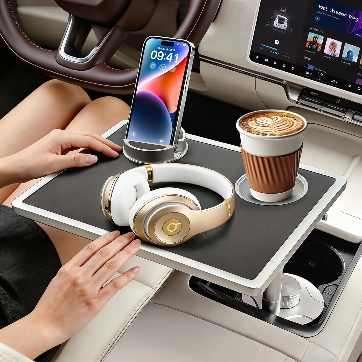 Car Food Tray & Car Table Tray with Car-Grade Aluminum Cup Holder & Phone Stand, Premium Wood with Leather Surface, 360° Rotating Car Desk for Laptop &Eating