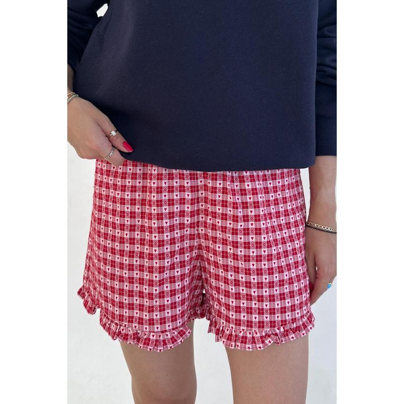 Love Letter Gingham Checkered Heart Ruffle Shorts in Red with Pockets Elastic Waistband & Lightweight Woven Fabric