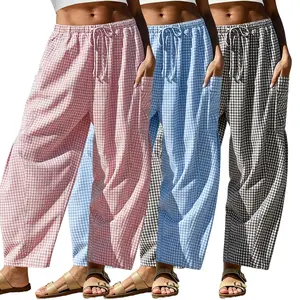 Pack of 3, 55% cotton/45% polyester; women’s wide leg plaid striped pants, casual barrel fit, relaxed drawstring, low rise palazzo/ham pant style with pockets; suitable for everyday wear, travel, vacations, seaside, and beach.
