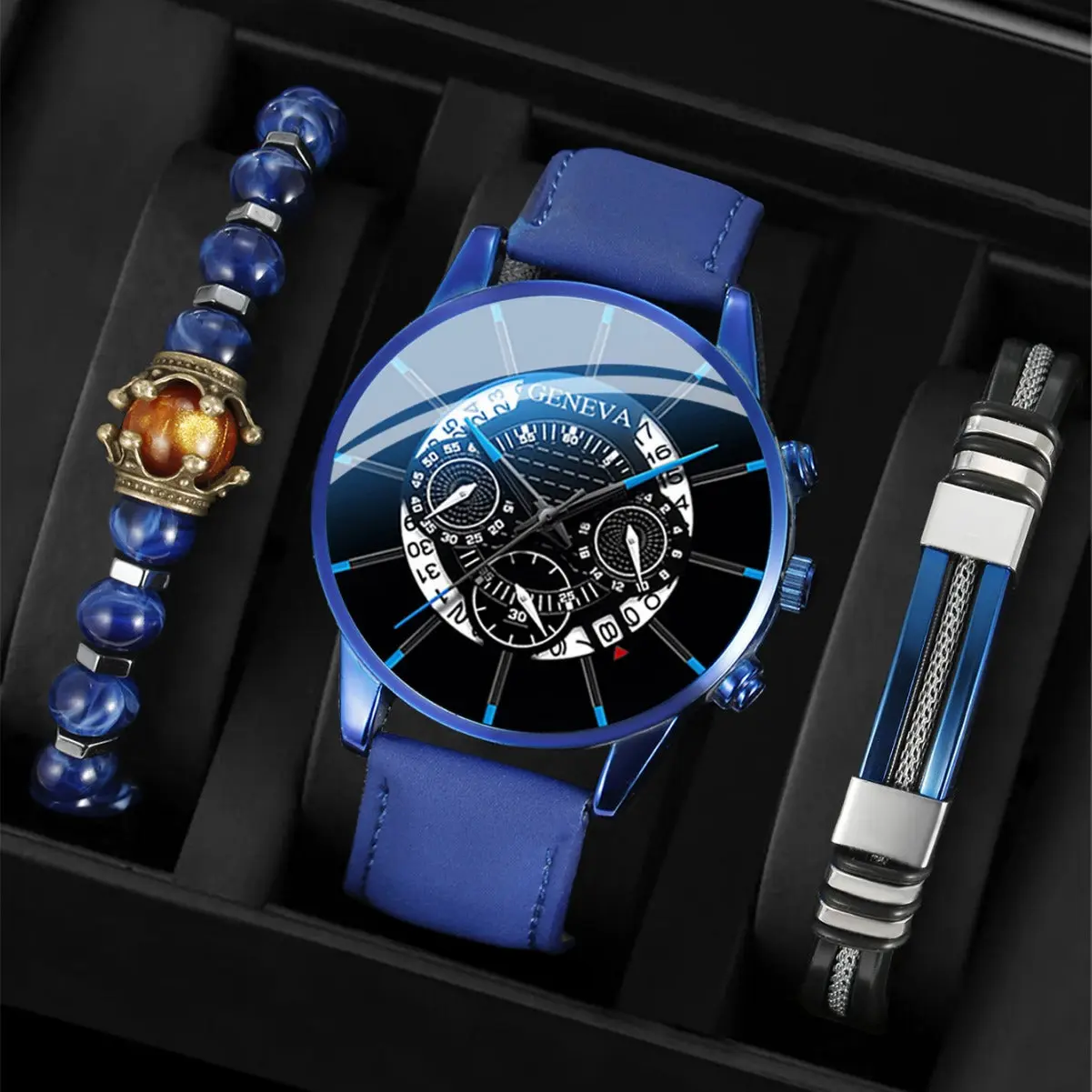 Casual Business Men's Leather Watch with Calendar and Three-Eye Design, Quartz Wristwatch Set