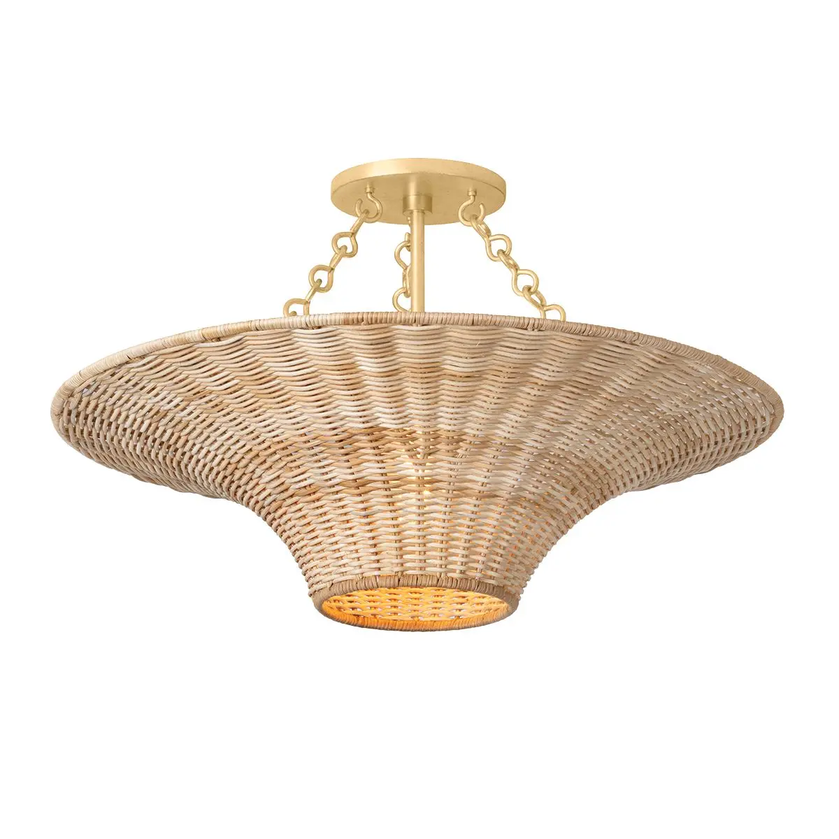 Ketan Hand-Woven Wicker Semi-Flush Ceiling Light With Vintage Gold Leaf Finish, Up/Downlighting